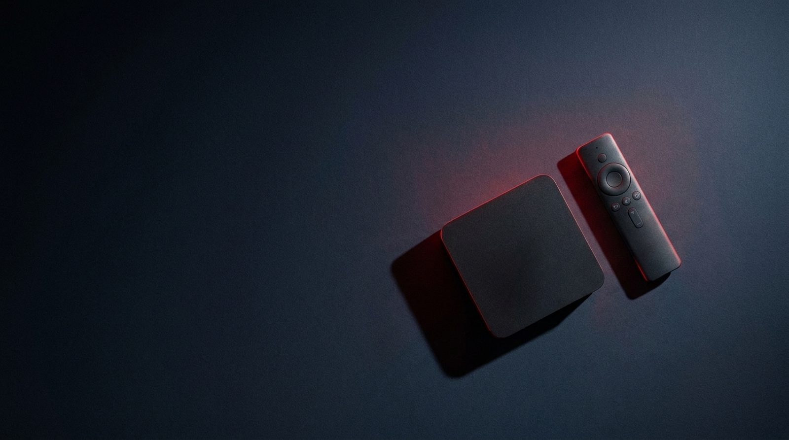 Best IPTV service for TiviMate, shown as an Android TV box and remote from above lit in red