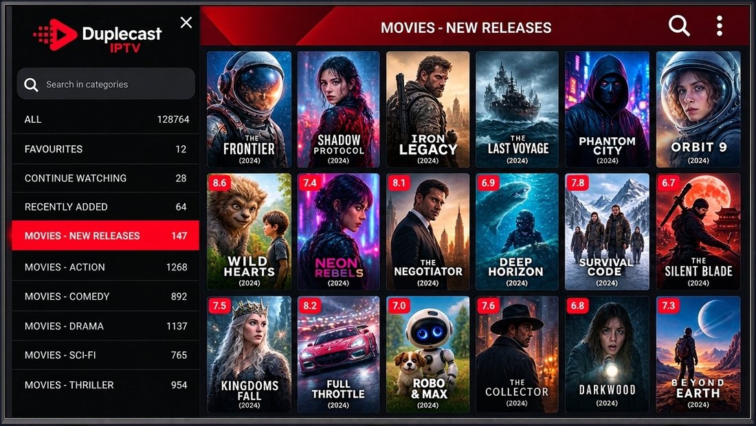 Duplecast IPTV app on a smart TV showing the movies library with new releases and category menu