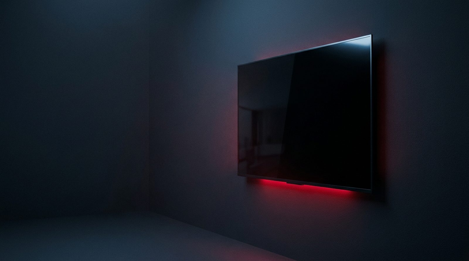 IPTV not working shown as a dark television screen with a red standby glow in an empty room
